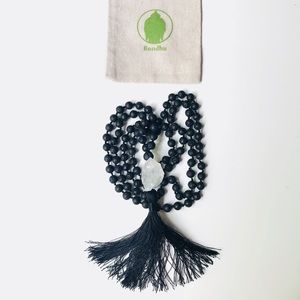 Black Lava Stone & Crystal Chunk Aromatherapy Mala Bead Necklace w/ Tassel